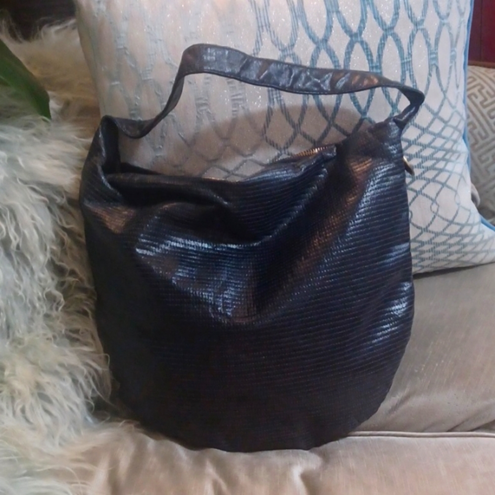 REVA NAVY VINTAGE PERFORATED LEATHER SLOUCH SHOULDER BAG